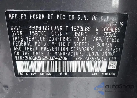 2019 Honda Fit Ex из США, поврежденный, VIN 3HGGK5H85KM748308